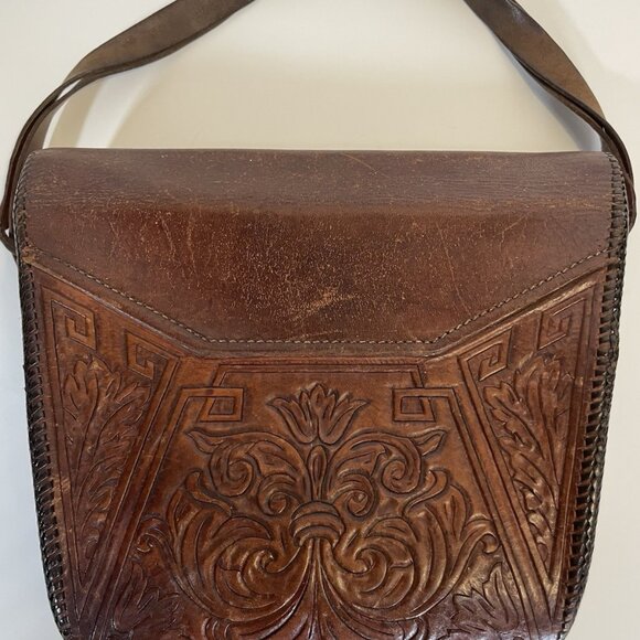 Vintage Tooled Leather Crossbody Bag Brown Boho Floral Embossed Flap Turn Lock - Picture 3 of 10